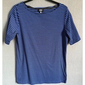 Jones New York Signature Top Women Medium Blue Striped Short Sleeve Boat Neck